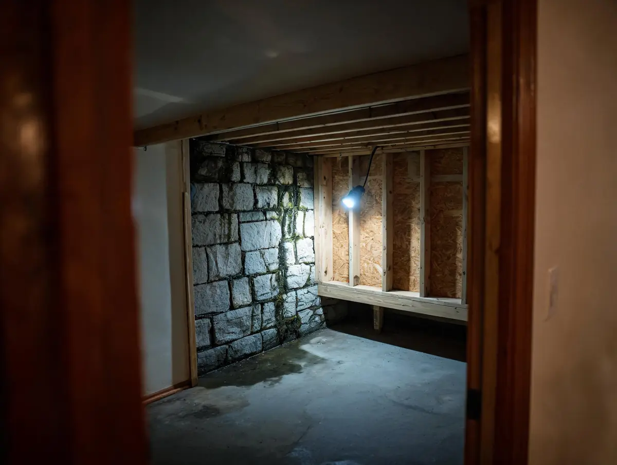 Dark growth along a stone foundation wall and the floor joists above it
