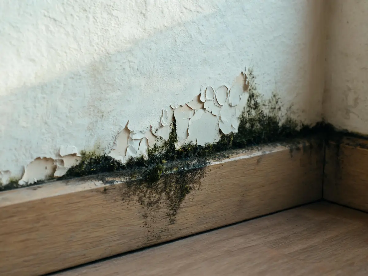 Dark mold growth spreading up an interior wall above the baseboard