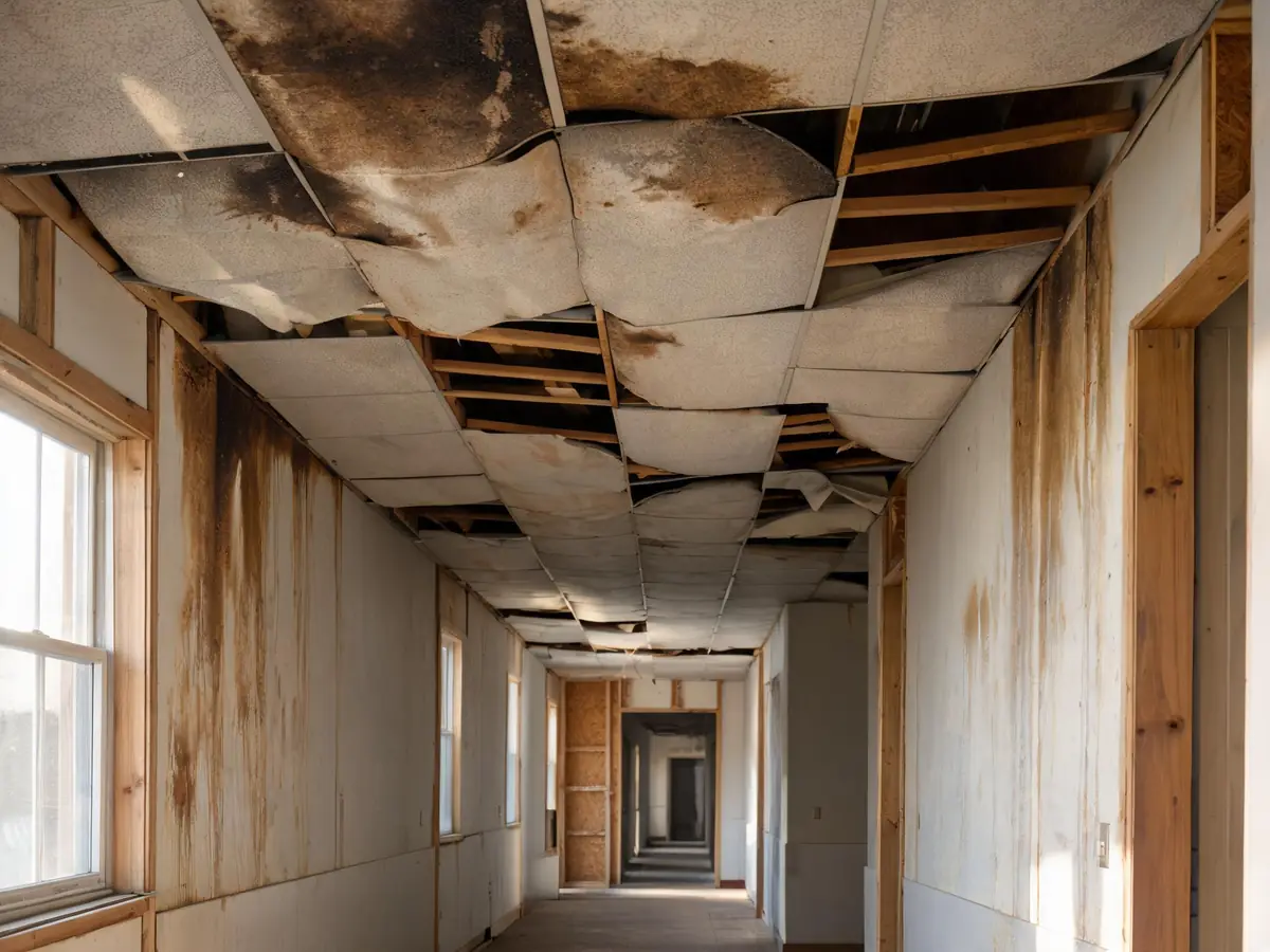 Office corridor with stained sagging ceiling tiles and a damp wall
