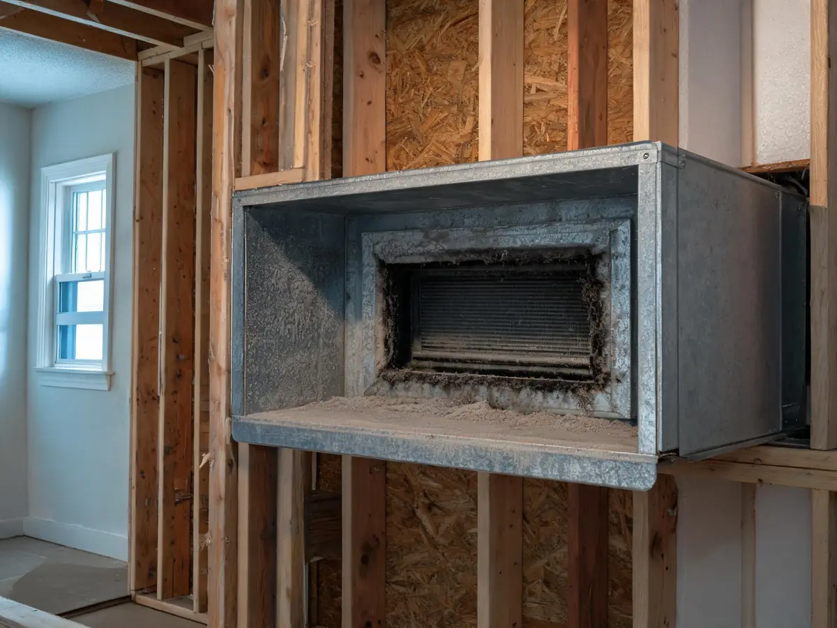 Grimy HVAC return plenum with dust matted along the seams