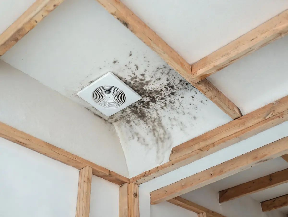 Dark spotting spreading across a bathroom ceiling beside the extractor fan