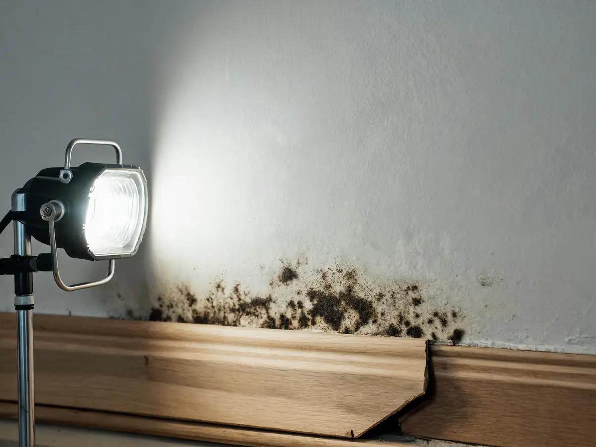 Bedroom wall with dark growth low on the drywall and the baseboard lifting
