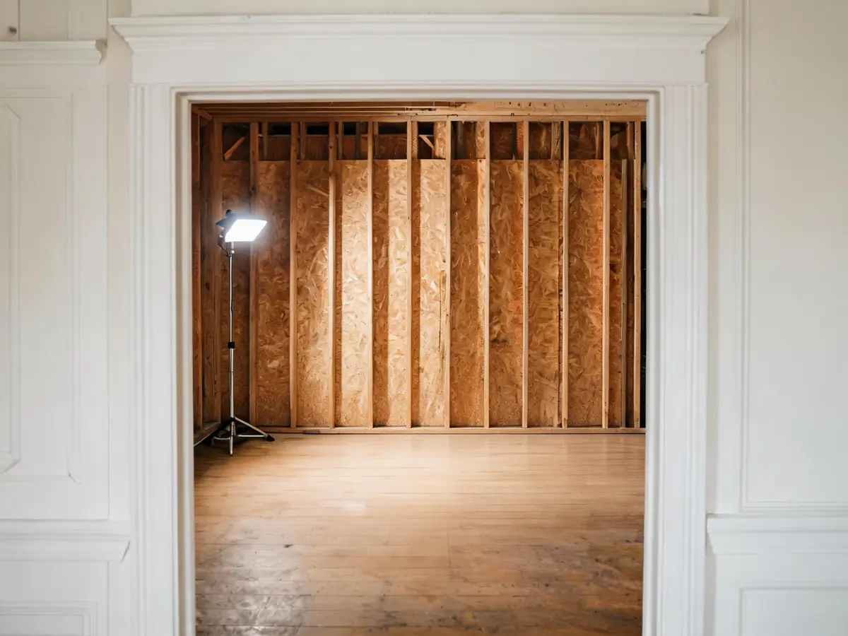 The same room at the end, framing clean and bare, ready for clearance testing