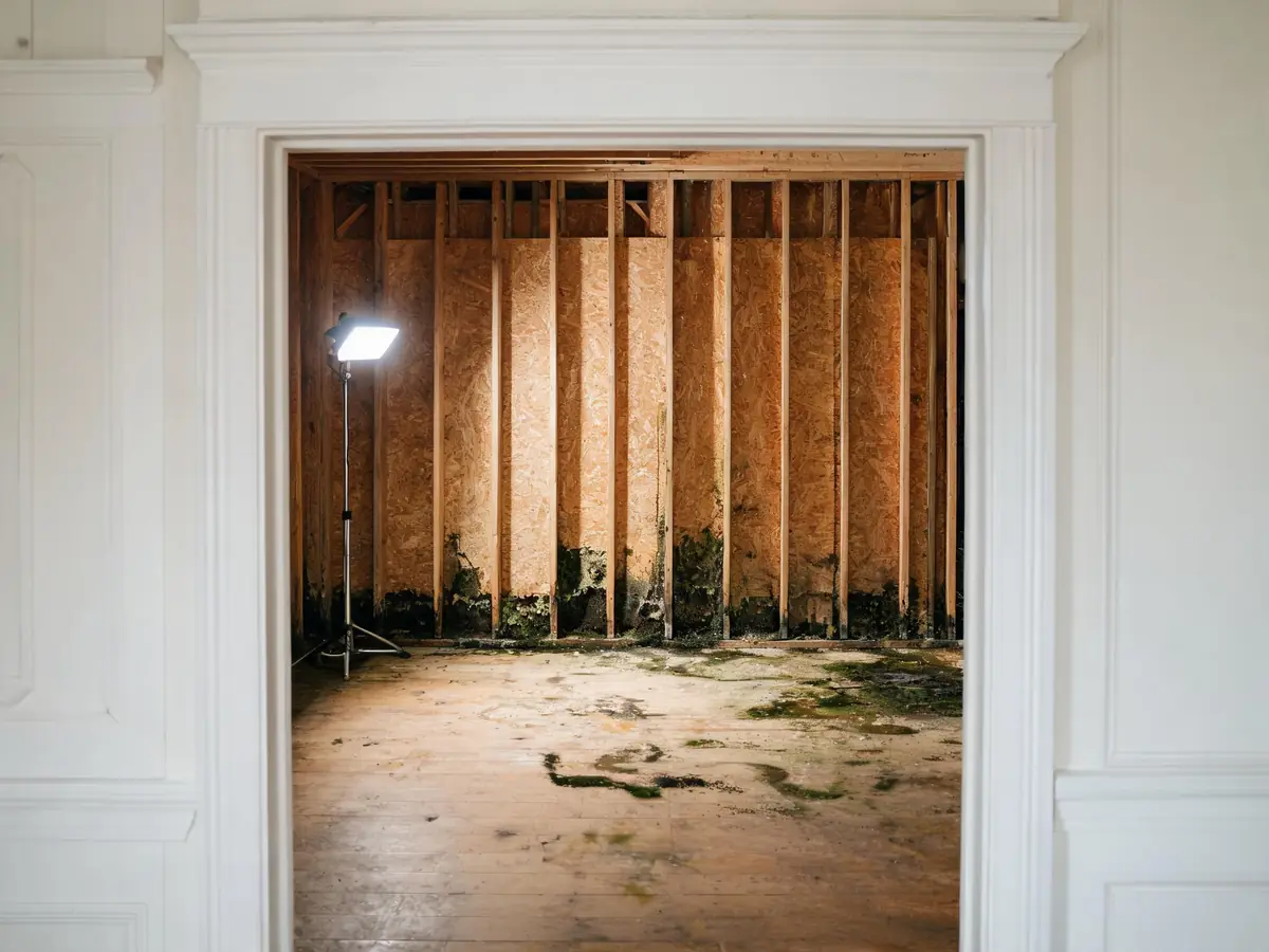 Room mid remediation with growth on exposed framing and the floor stripped