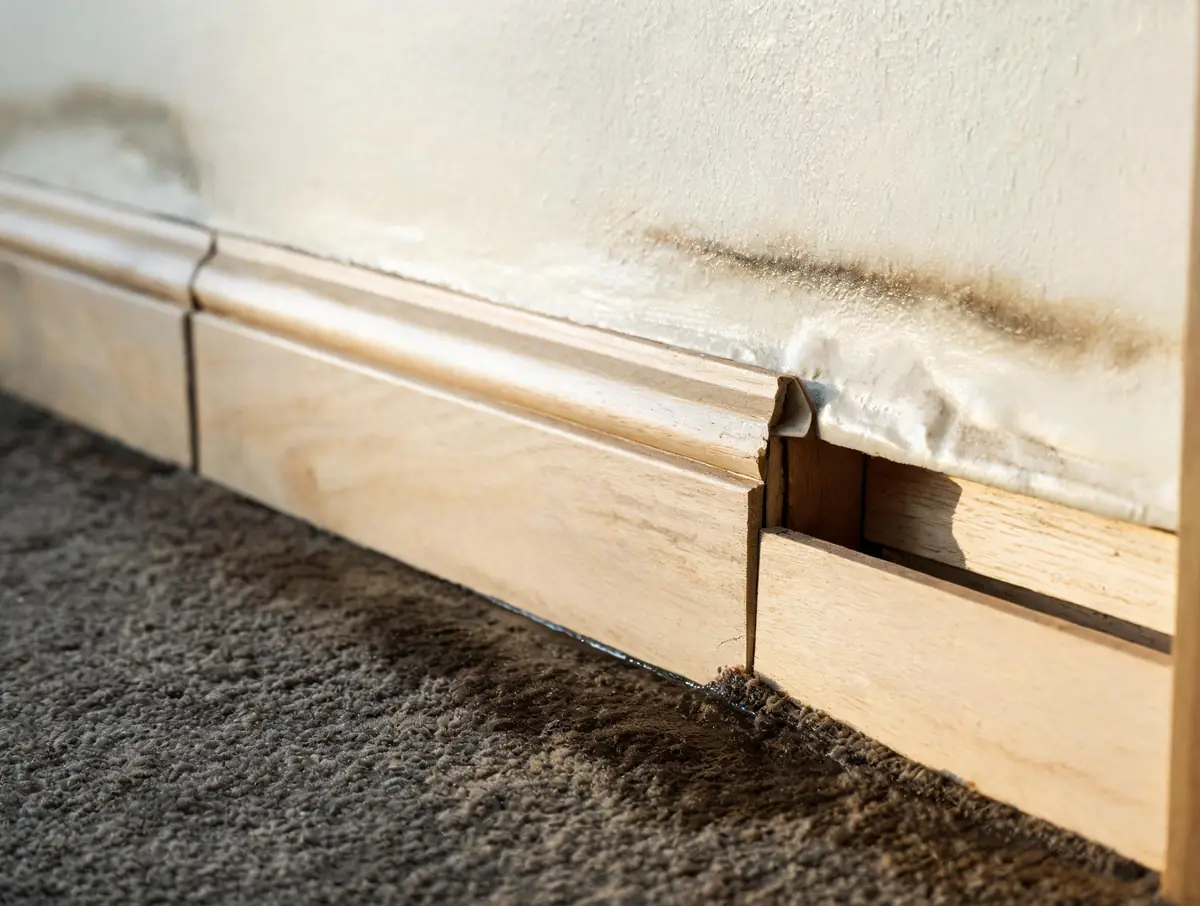 Swollen tide-marked drywall above saturated carpet after a water loss