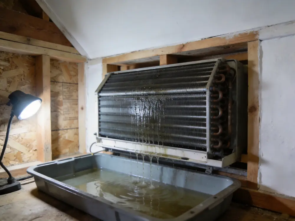 Damp evaporator coil fins above a condensate drain pan