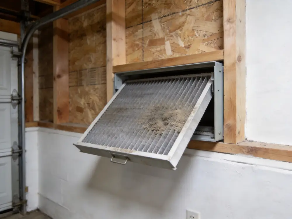 Dirty pleated furnace filter pulled from its slot