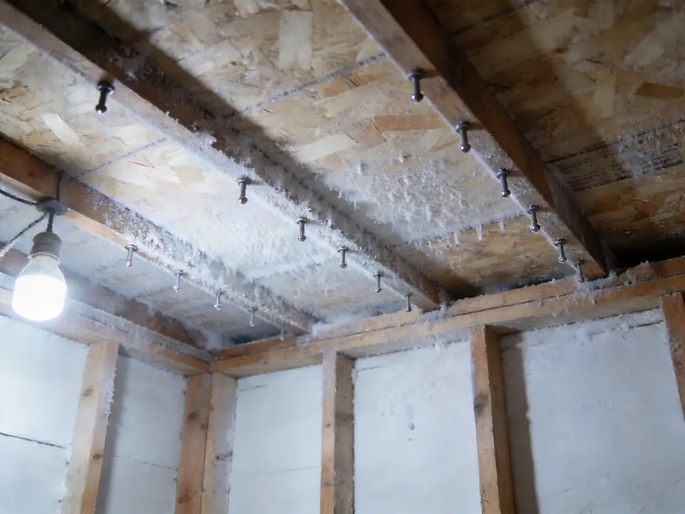 Condensation and frost on the underside of attic roof sheathing