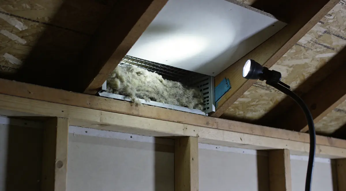 Attic soffit vent blocked by insulation at the eave