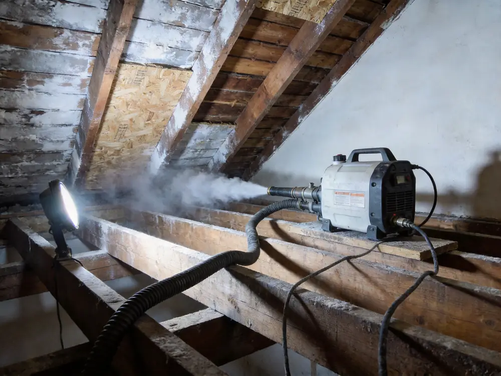 Dry ice blasting equipment staged in an attic beside partly cleaned sheathing