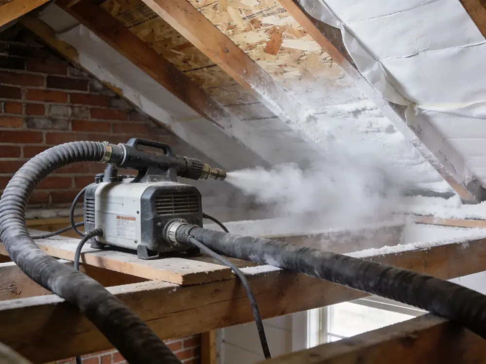 Dry ice blasting equipment staged in an attic beside partly cleaned sheathing