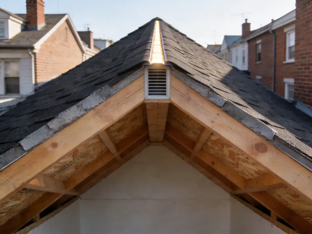 Daylight through a ridge vent along an attic peak