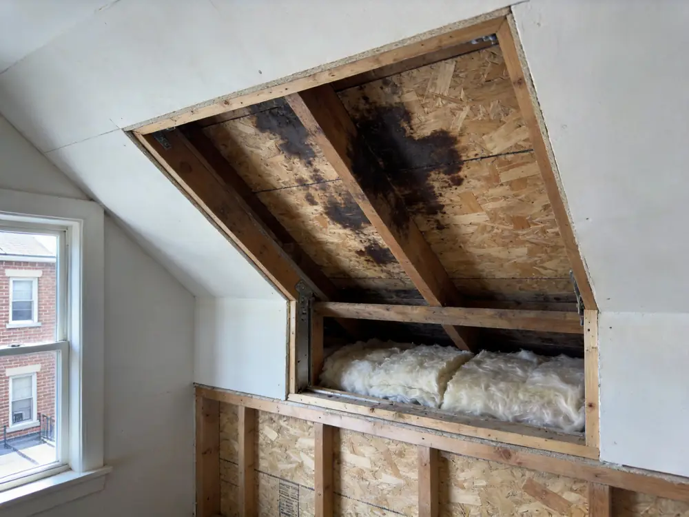 Dark mold staining across attic roof sheathing between the rafters