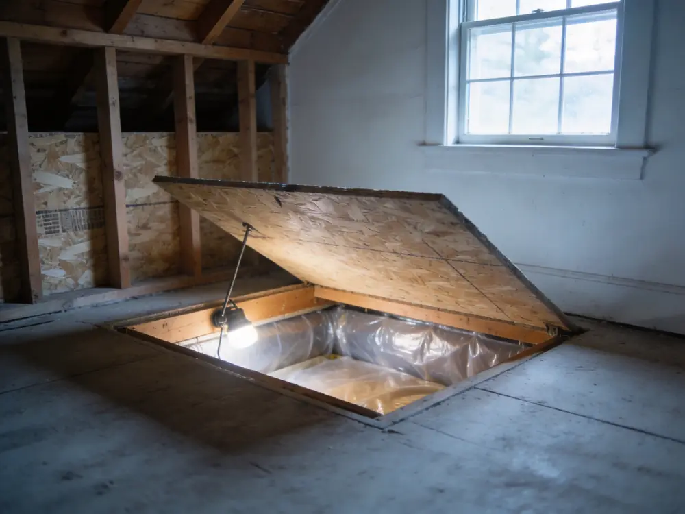 Open crawl space hatch with encapsulation sheeting visible inside