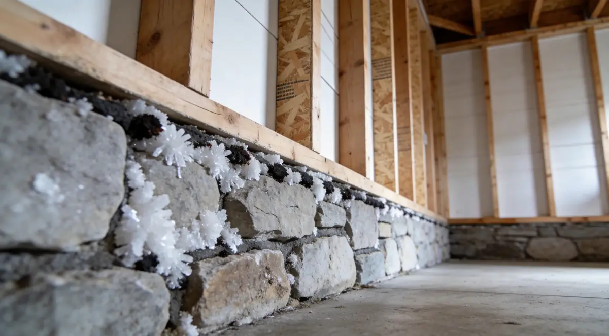 White mineral deposits and dark patches on a stone foundation wall