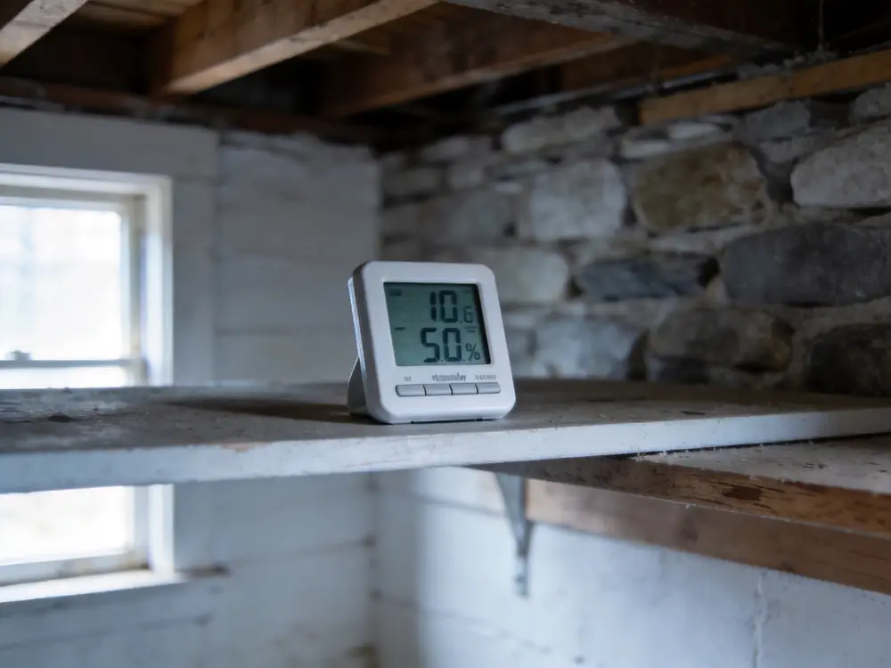 Digital hygrometer showing high humidity in a basement