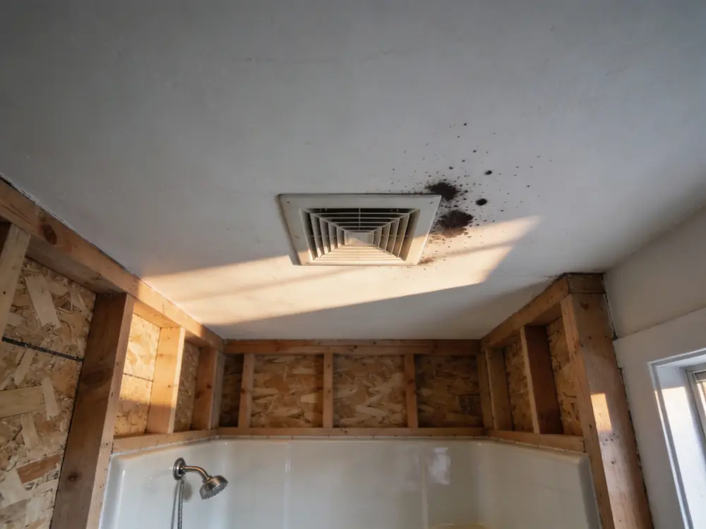 Dark spotting on a bathroom ceiling beside an extractor fan