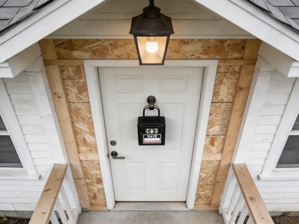 Real estate lockbox on the front door of an older house