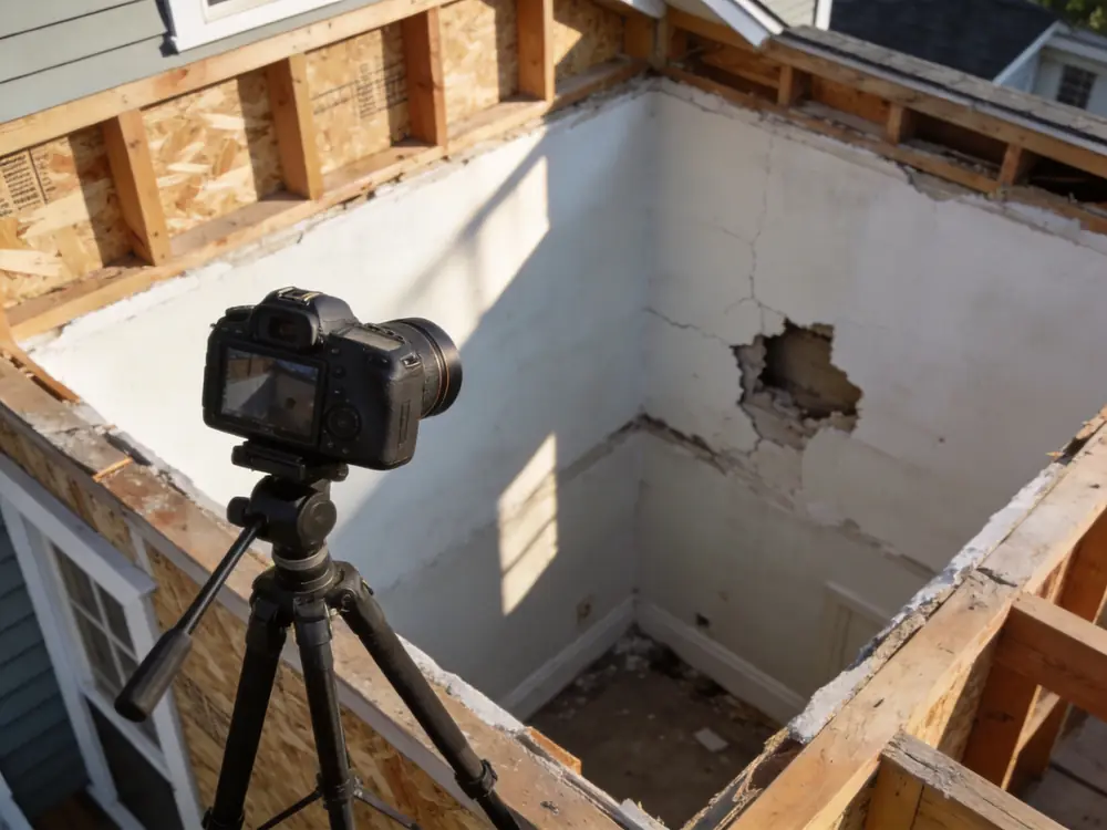 Camera on a tripod documenting a damaged wall