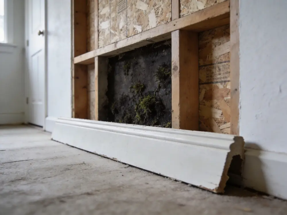 Dark growth on the unfinished back of a removed baseboard