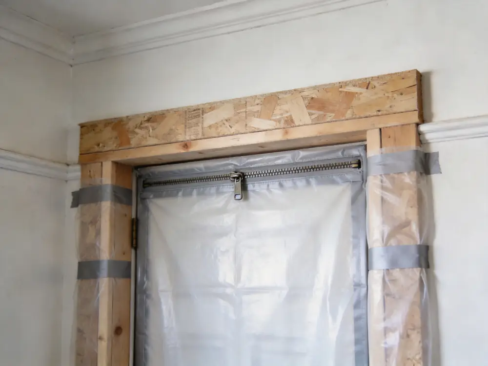 Sealed containment zipper door fitted in an interior doorway