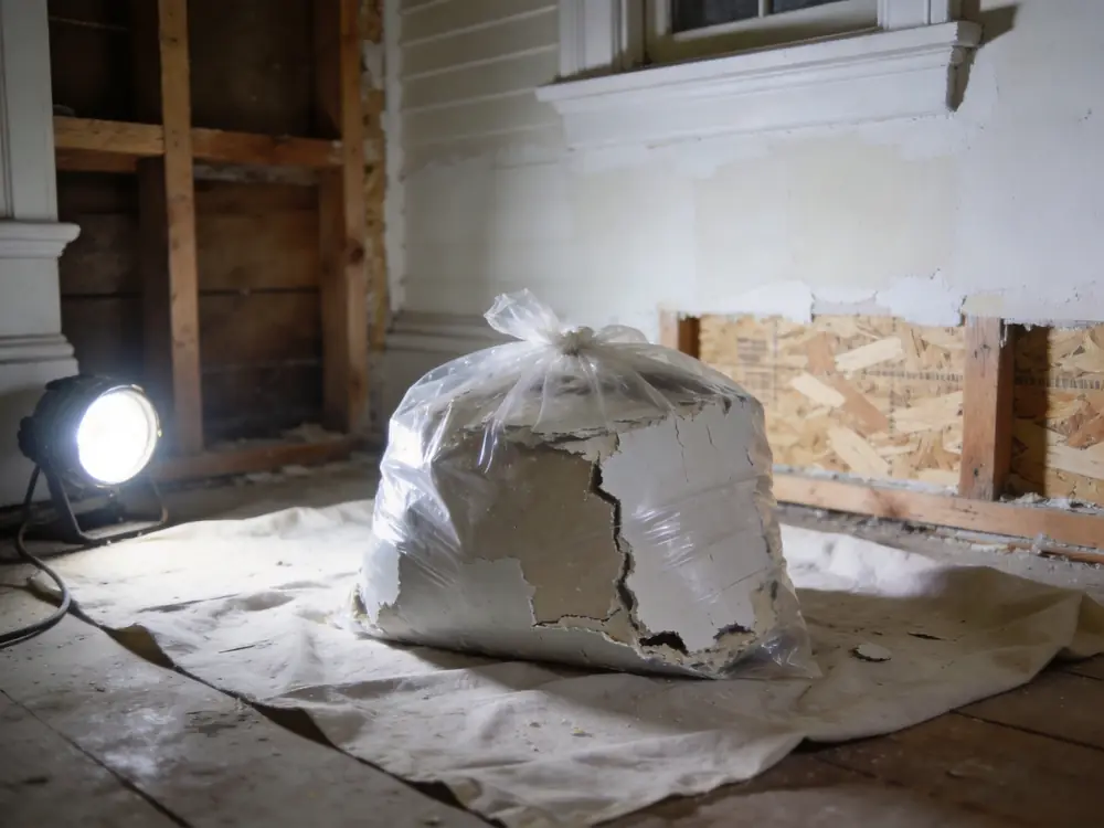 Bagged and sealed drywall removed during remediation