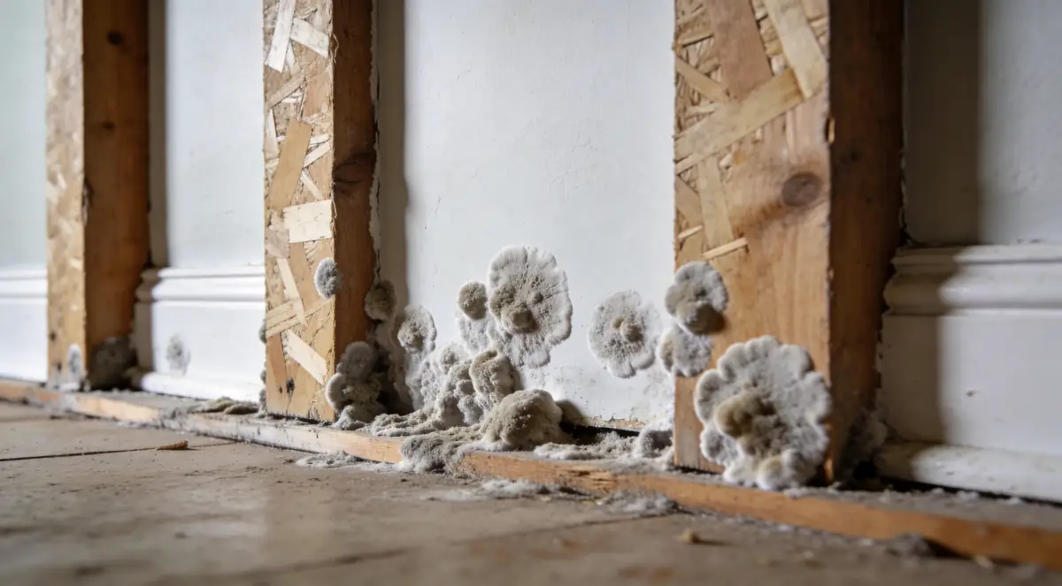 Close detail of textured mold colonies on a painted wall