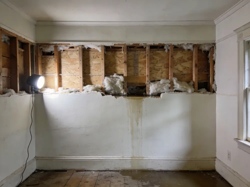 Flood cut in drywall with insulation removed and studs exposed