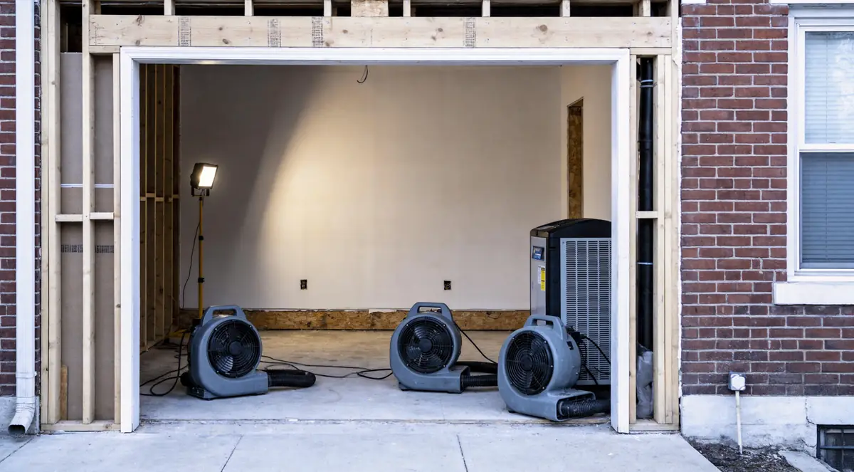 Air movers and a dehumidifier drying a stripped room