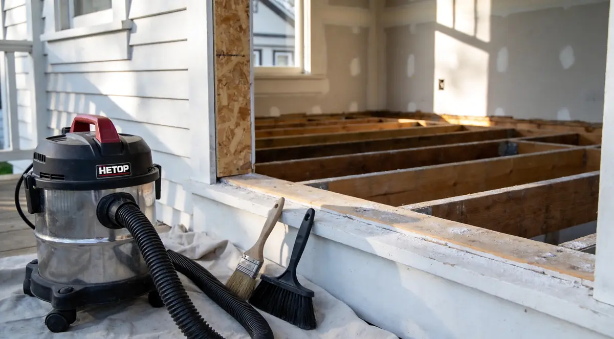 HEPA vacuum and brushes beside a partly cleaned framing bay