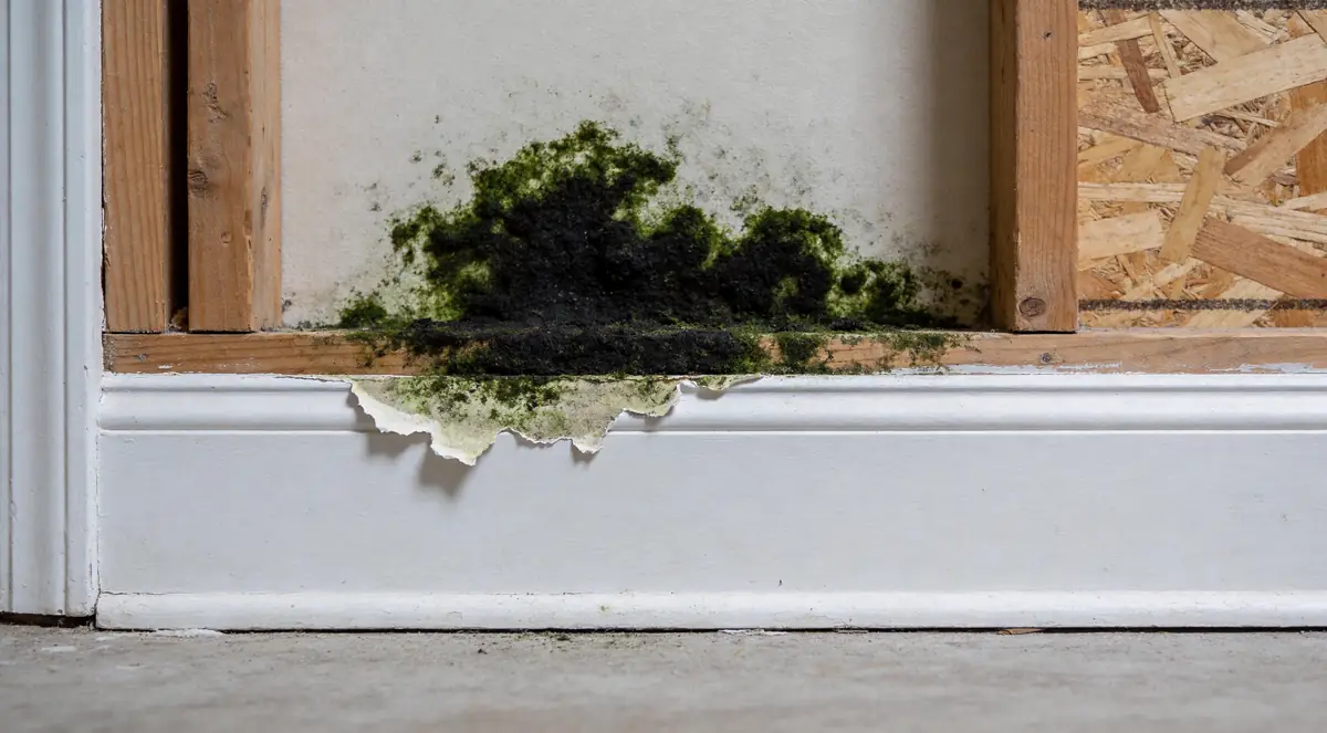 Dark green-black growth spreading across drywall near a baseboard