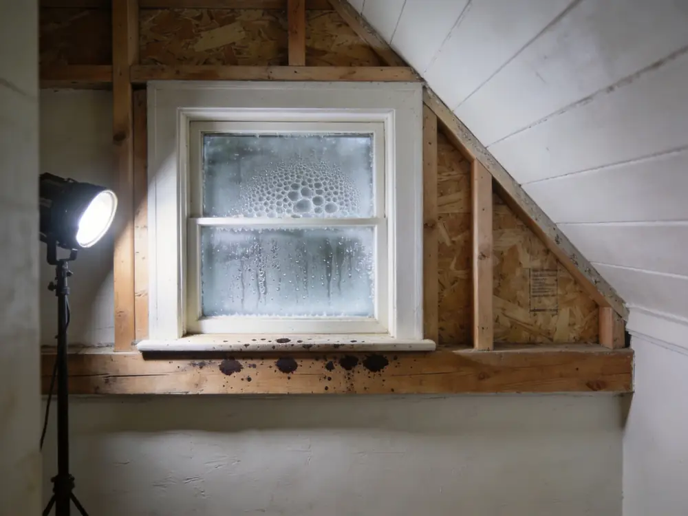 Condensation on a window above a spotted wooden sill