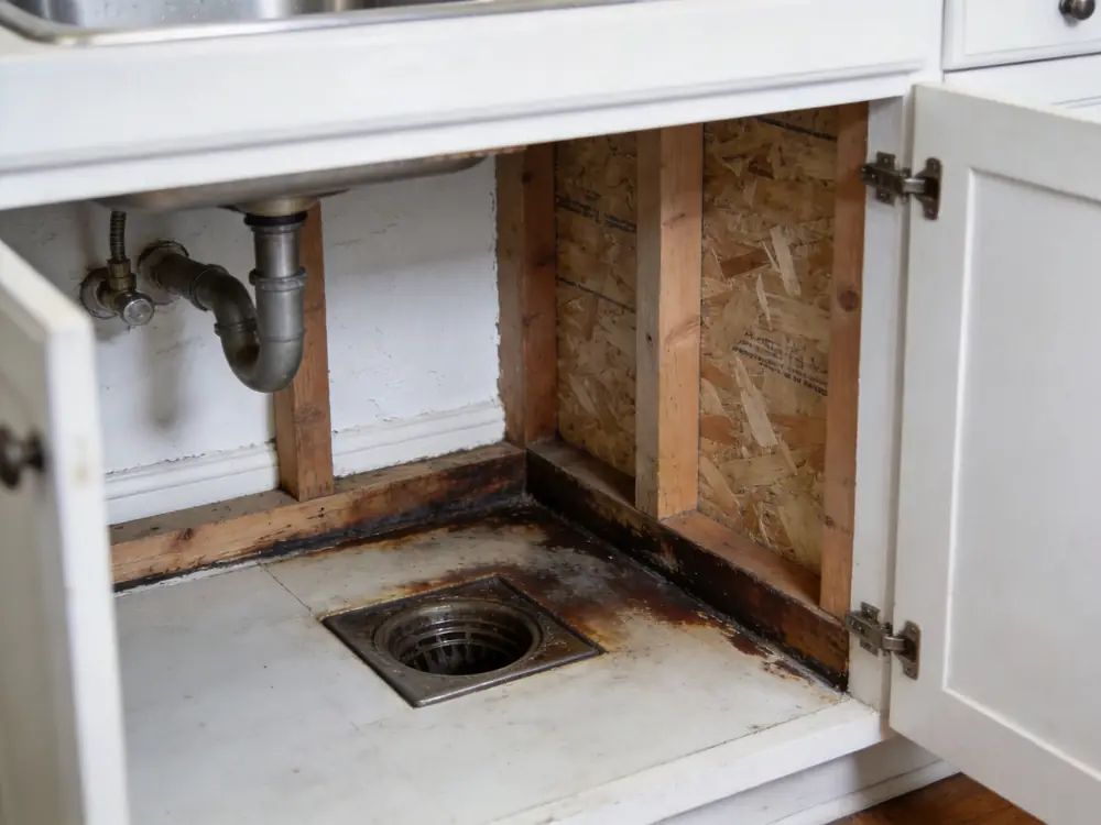 Stained and swollen cabinet base under a kitchen sink