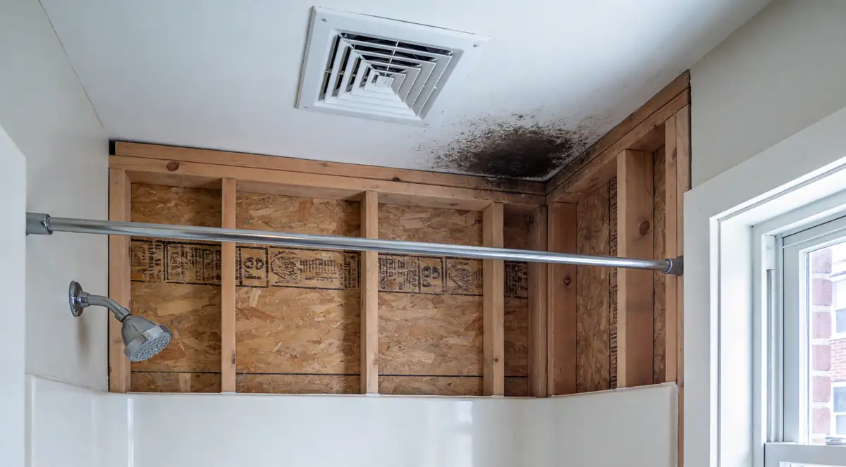 Dark spotting on a bathroom ceiling beside an extractor fan