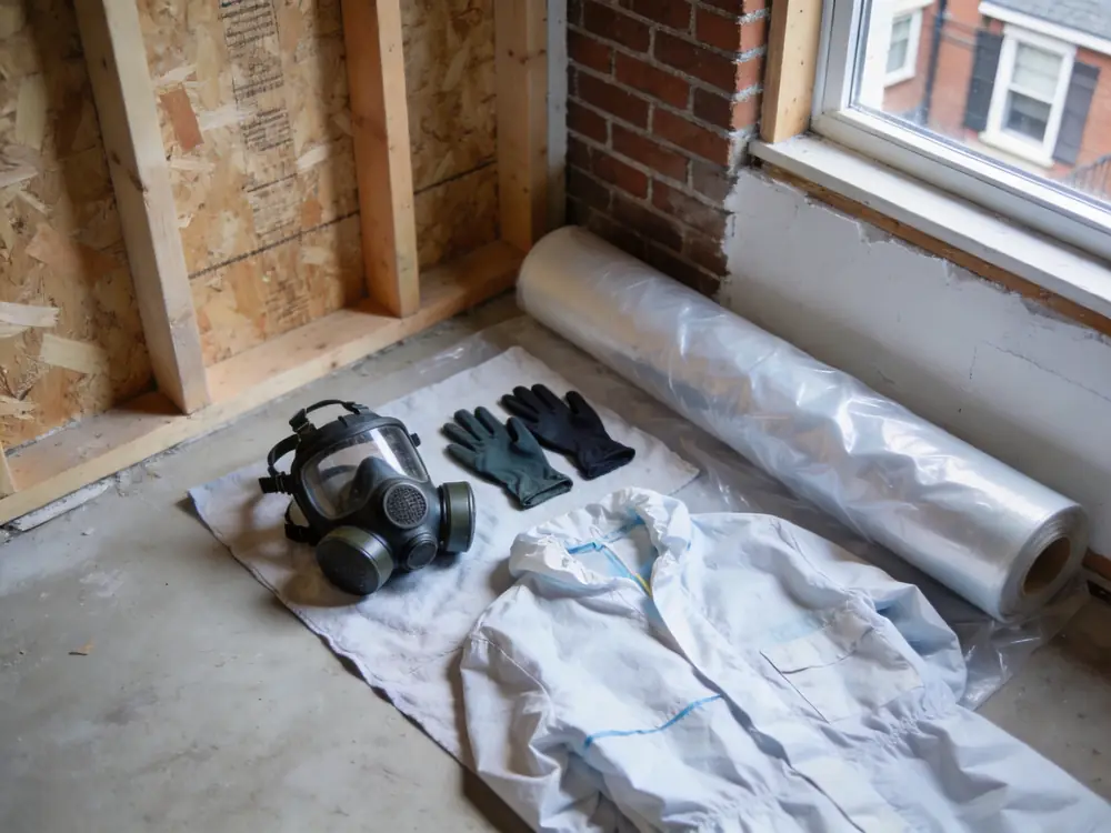 Respirators, gloves and coveralls laid out beside poly sheeting