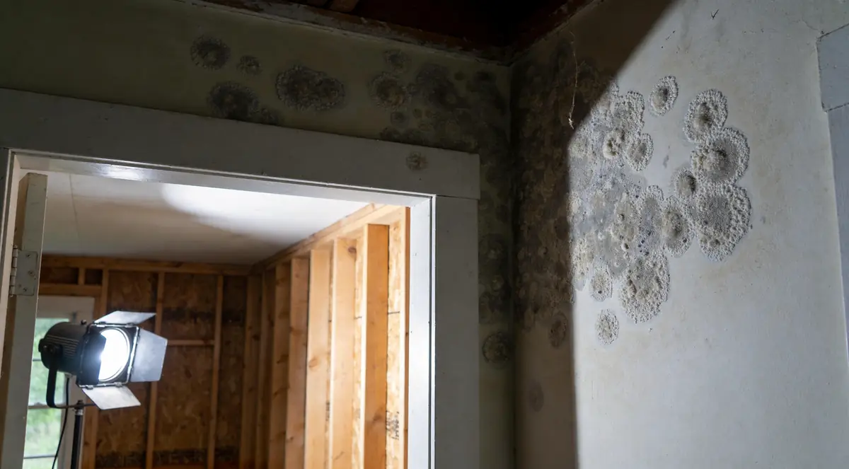 Close detail of textured mold colonies on a painted wall