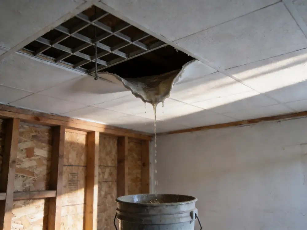 Saturated ceiling tile sagging from a suspended grid