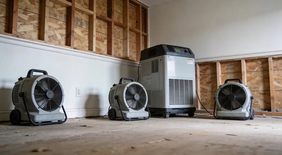 Air movers and a dehumidifier drying a stripped room