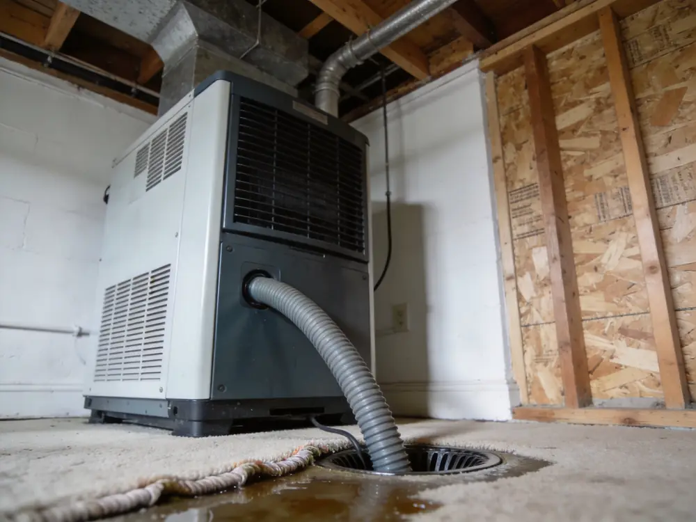 Commercial dehumidifier running in a finished basement