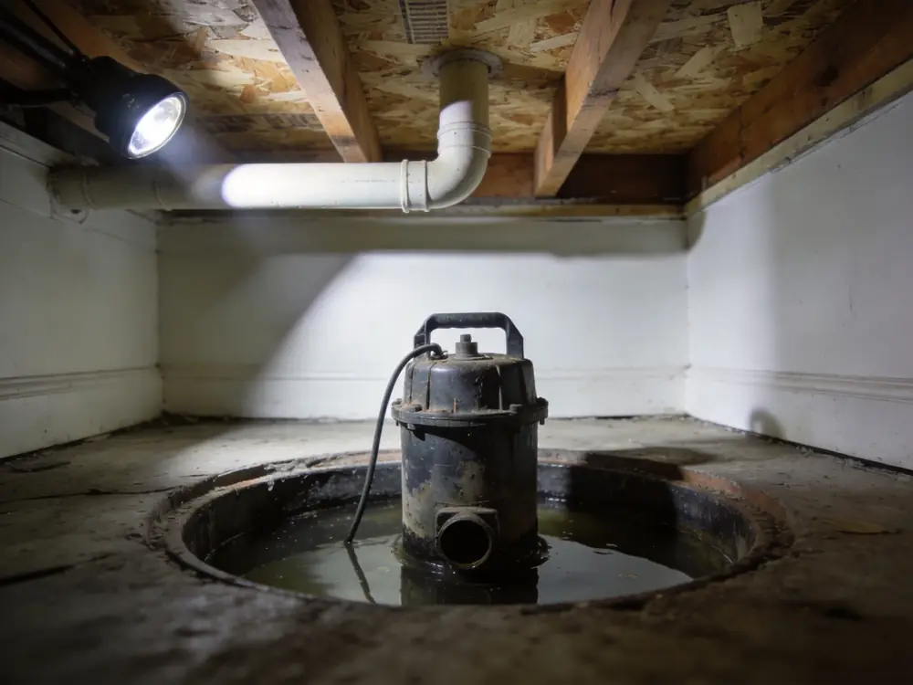 A sump pump sitting in a flooded basement pit