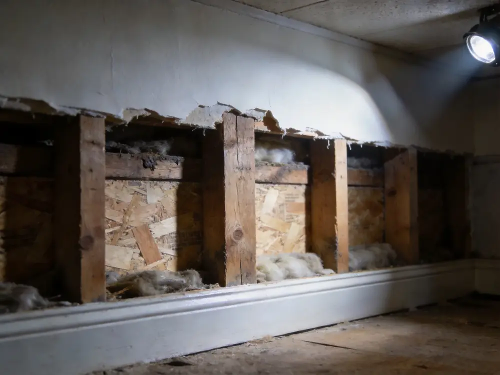 Basement drywall cut back to reveal damp framing behind