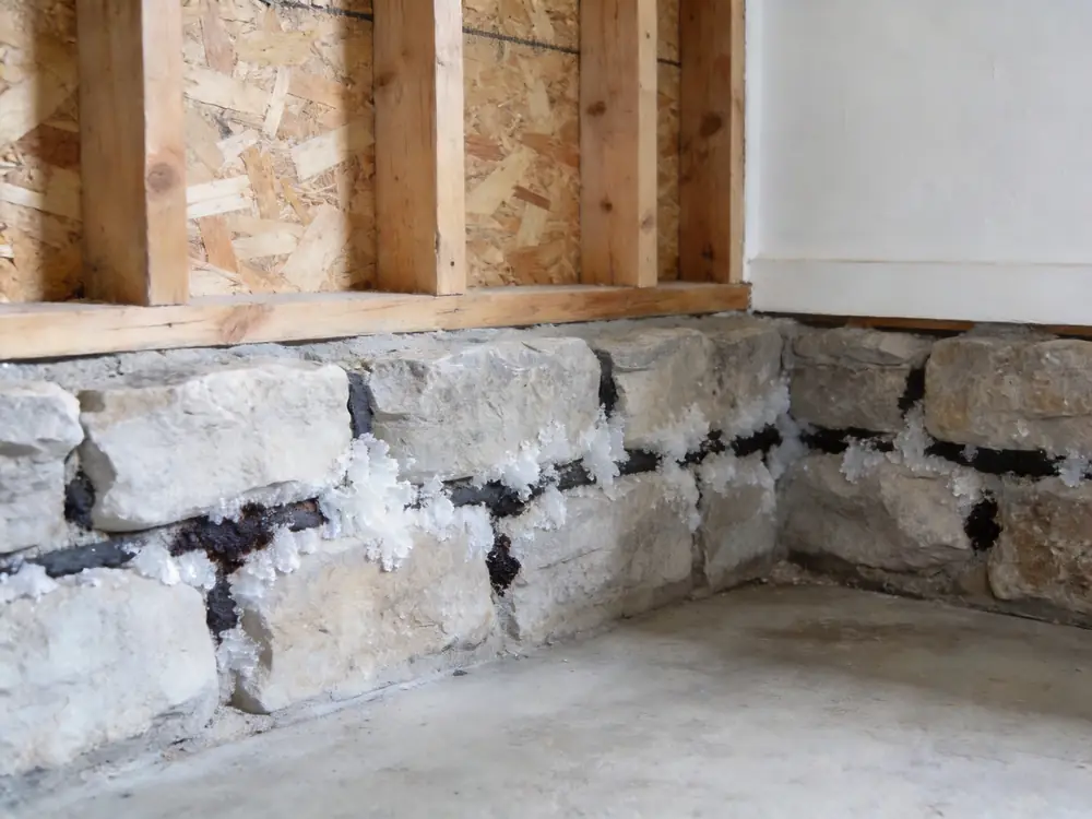 White mineral deposits and dark patches on a stone foundation wall