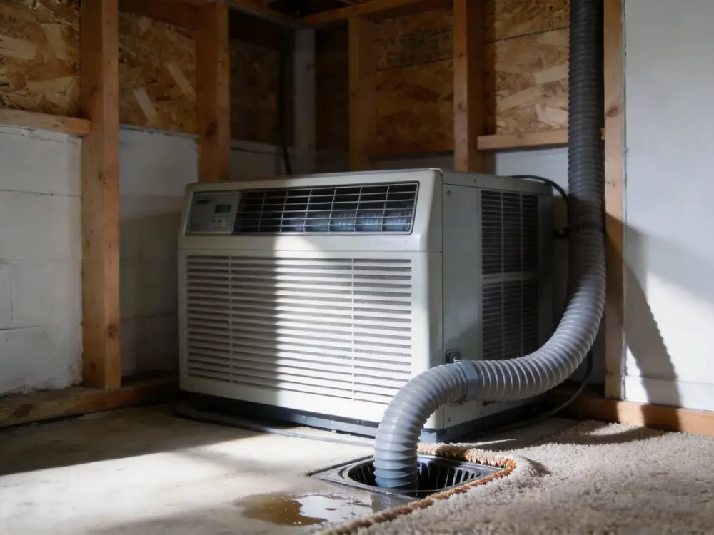 Commercial dehumidifier running in a finished basement