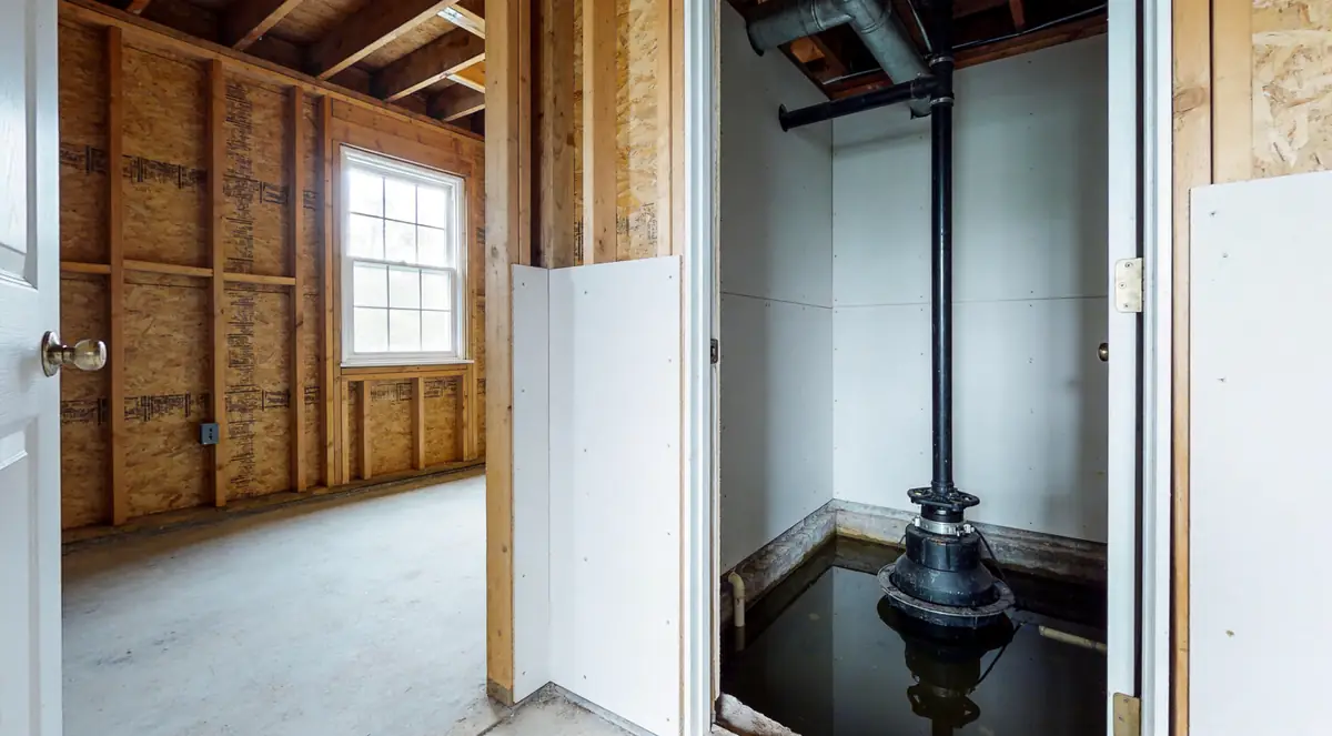 A sump pump sitting in a flooded basement pit