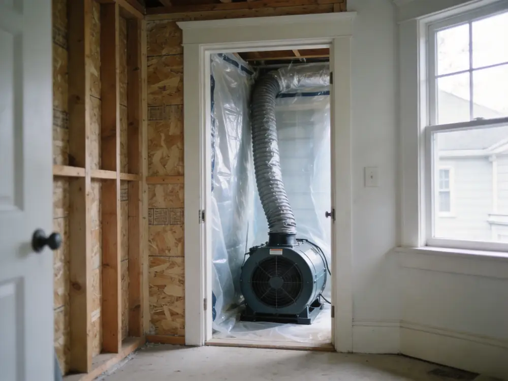 Negative air machine ducted through containment sheeting