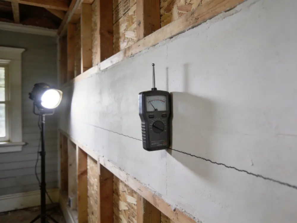 Moisture meter pressed against drywall beside a water stain