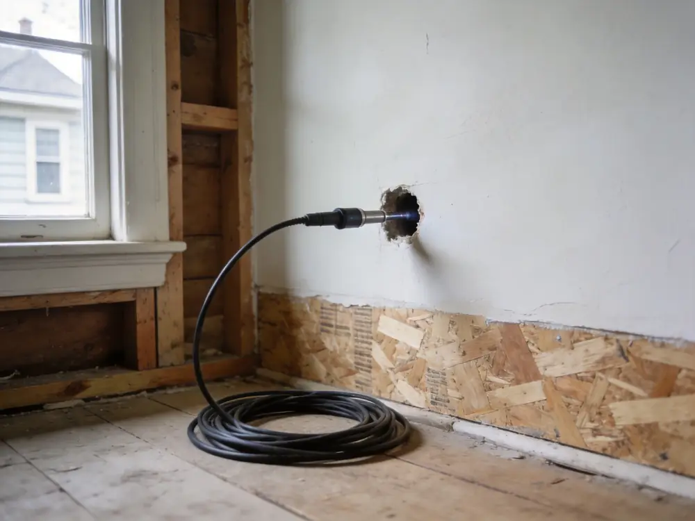 Borescope probe inserted through a small hole in drywall