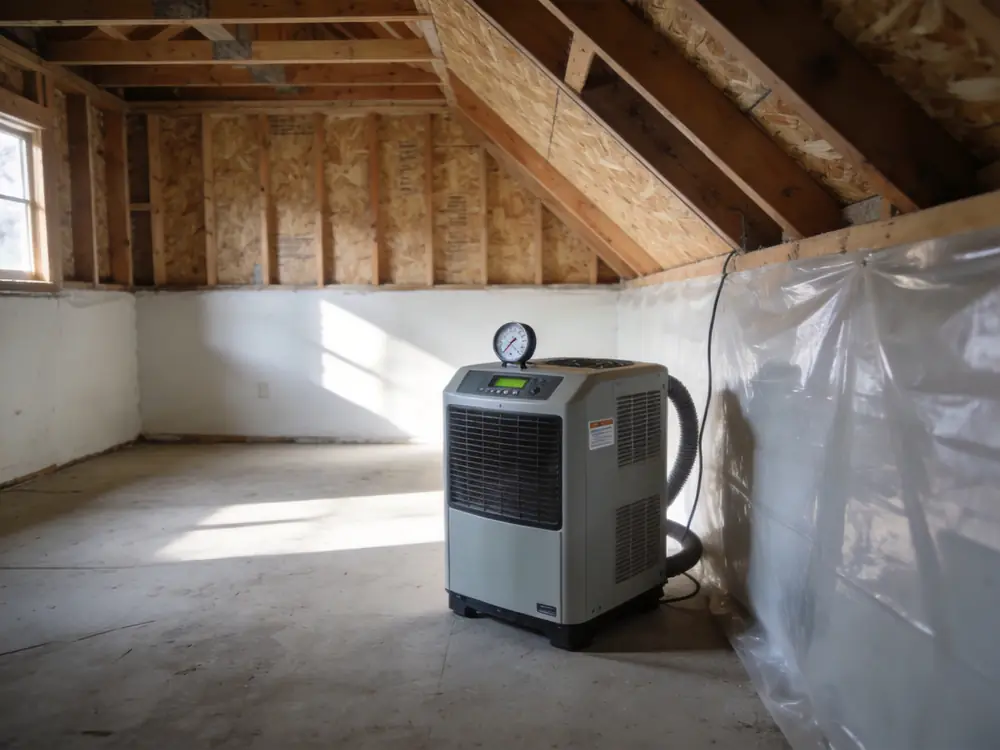 Dehumidifier and hygrometer running during the drying phase