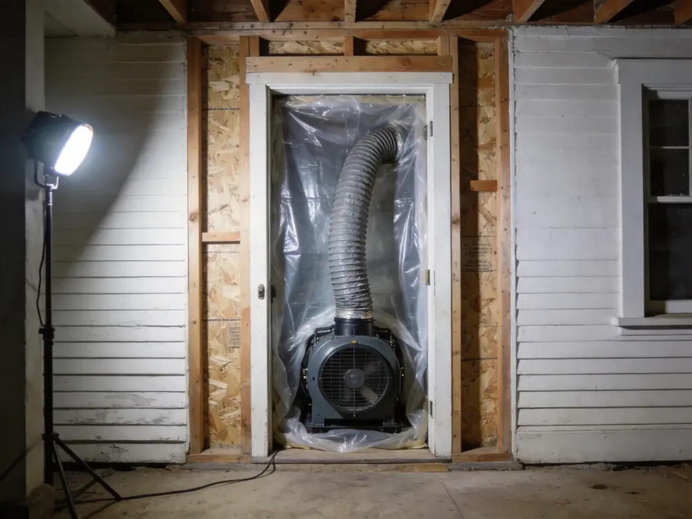 Negative air machine ducted through containment sheeting