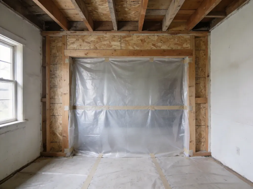 Poly sheeting taped floor to ceiling across an opening